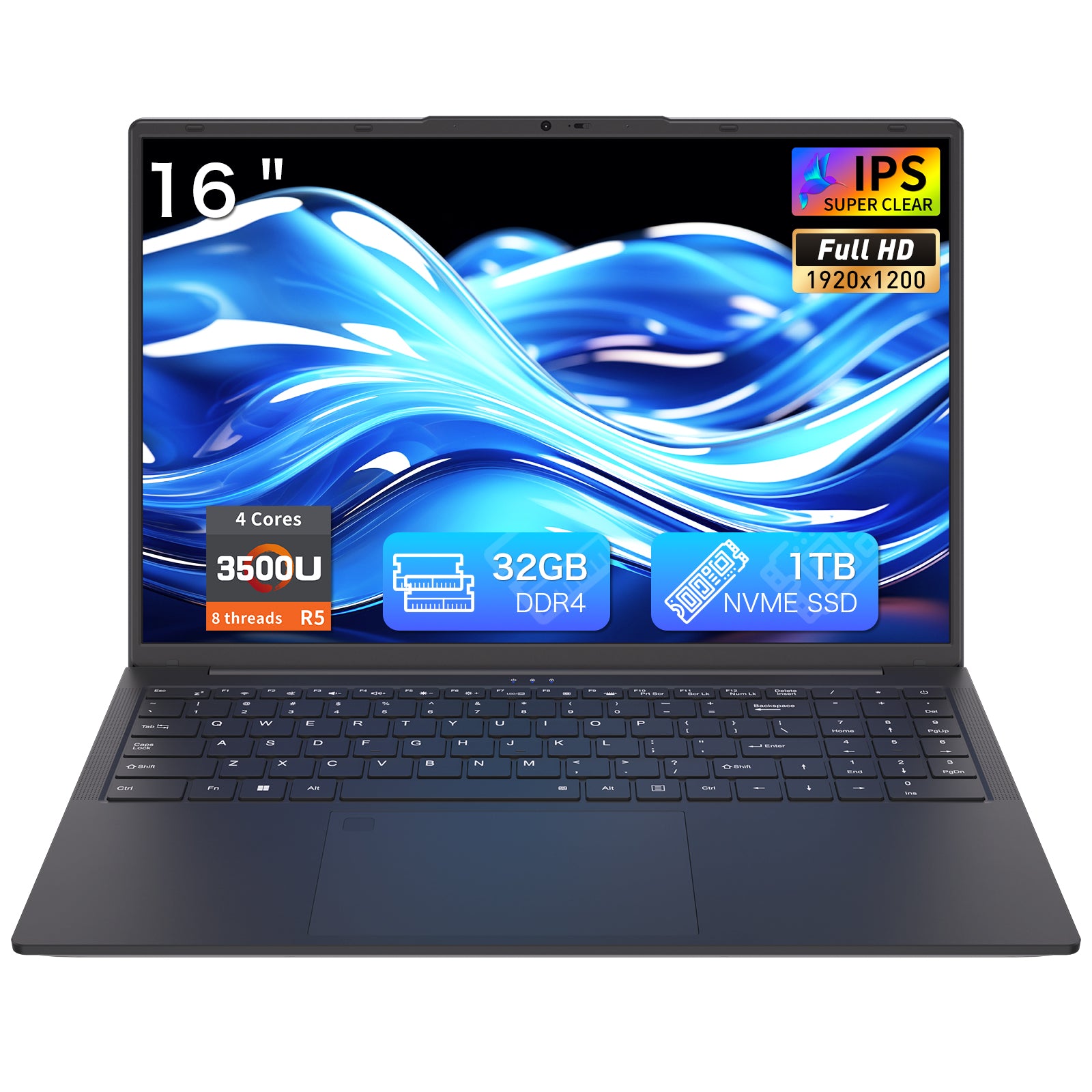 Exsurf 16" Business Laptop, Windows 11 Pro Computer, AMD Ryzen 5 3500U, 32GB RAM 1TB SSD, Backlit Keyboard, Fingerprint Unlock, Black