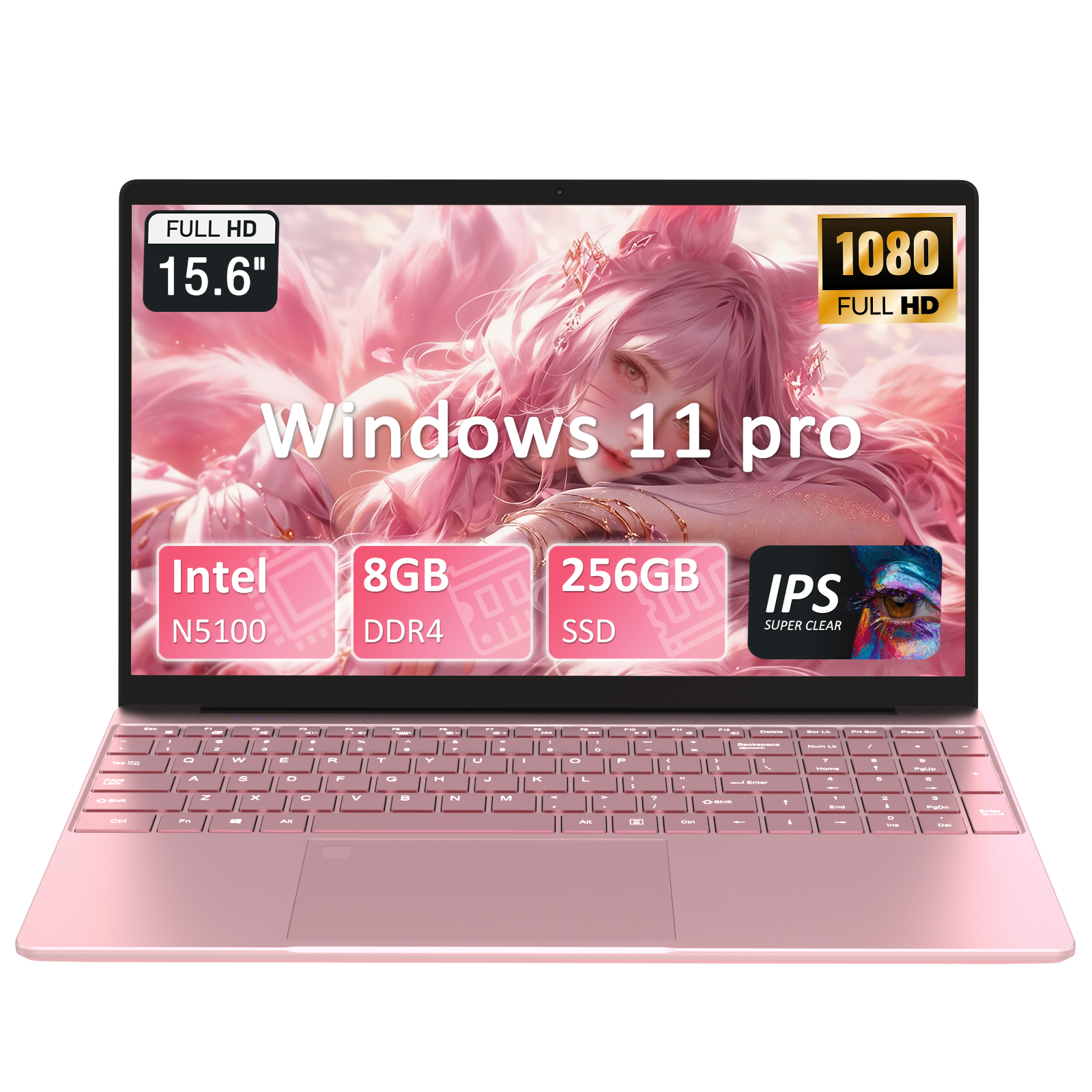 Exsurf 15.6" Student Laptop, Win 11 Pro Notebook,8GB RAM 256GB SSD,N5100,Backlit Keyboard, Fingerprint Unlock, Pink