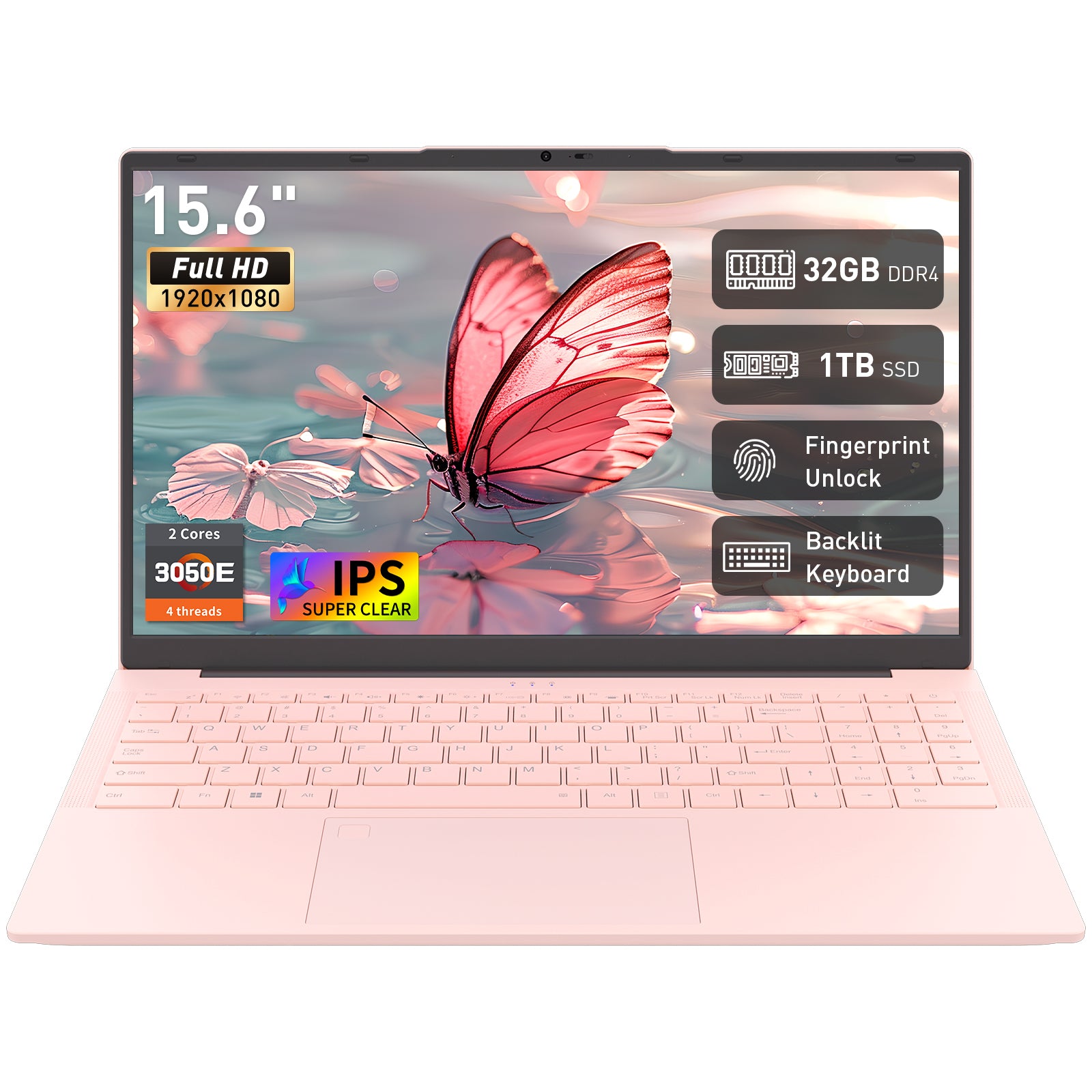 Exsurf 15.6" Windows 11 Pro Laptop, Intel 3050E CPU, 32GB RAM 1TB SSD,Type-C Port, Pink Home Computer