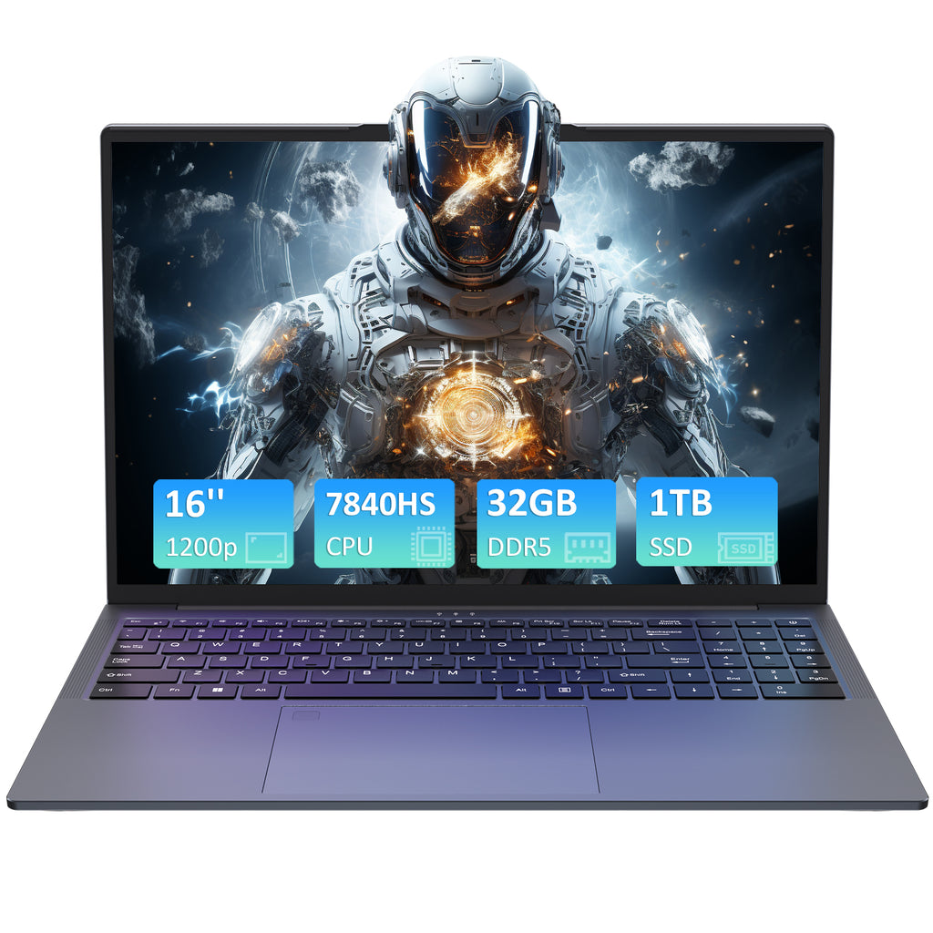 Exsurf 16" 1200IPS Laptop AMD Ryzen 7 7840HS, 32GB DDR5 RAM, 1TB NVMe SSD, Windows 11 Pro Gaming Computer, Backlit, Fingerprint, Full-Type C, WiFi 6, Bluetooth 5.3, Webcam Switch, Gray