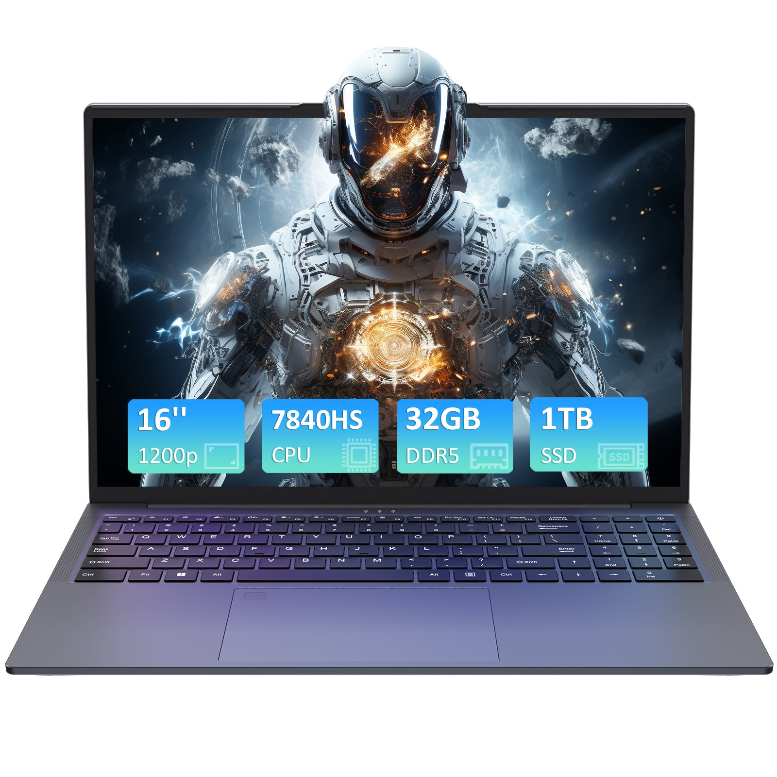 Exsurf 16" 1200IPS Laptop AMD Ryzen 7 7840HS, 32GB DDR5 RAM, 1TB NVMe SSD, Windows 11 Pro Gaming Computer, Backlit, Fingerprint, Full-Type C, WiFi 6, Bluetooth 5.3, Webcam Switch, Gray