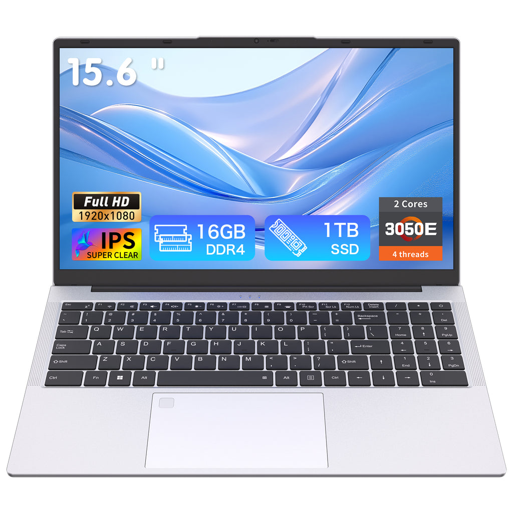 Exsurf AMD 3050E Laptop, 15.6" FHD IPS Computer, 16GB RAM 1TB SSD, Fingerprint, Backlit Keyboard, Full Type-C, HDMI, for Work/Study/Daily Use, Silver