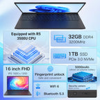 Exsurf 16" Business Laptop, Windows 11 Pro Computer, AMD Ryzen 5 3500U, 32GB RAM 1TB SSD, Backlit Keyboard, Fingerprint Unlock, Black