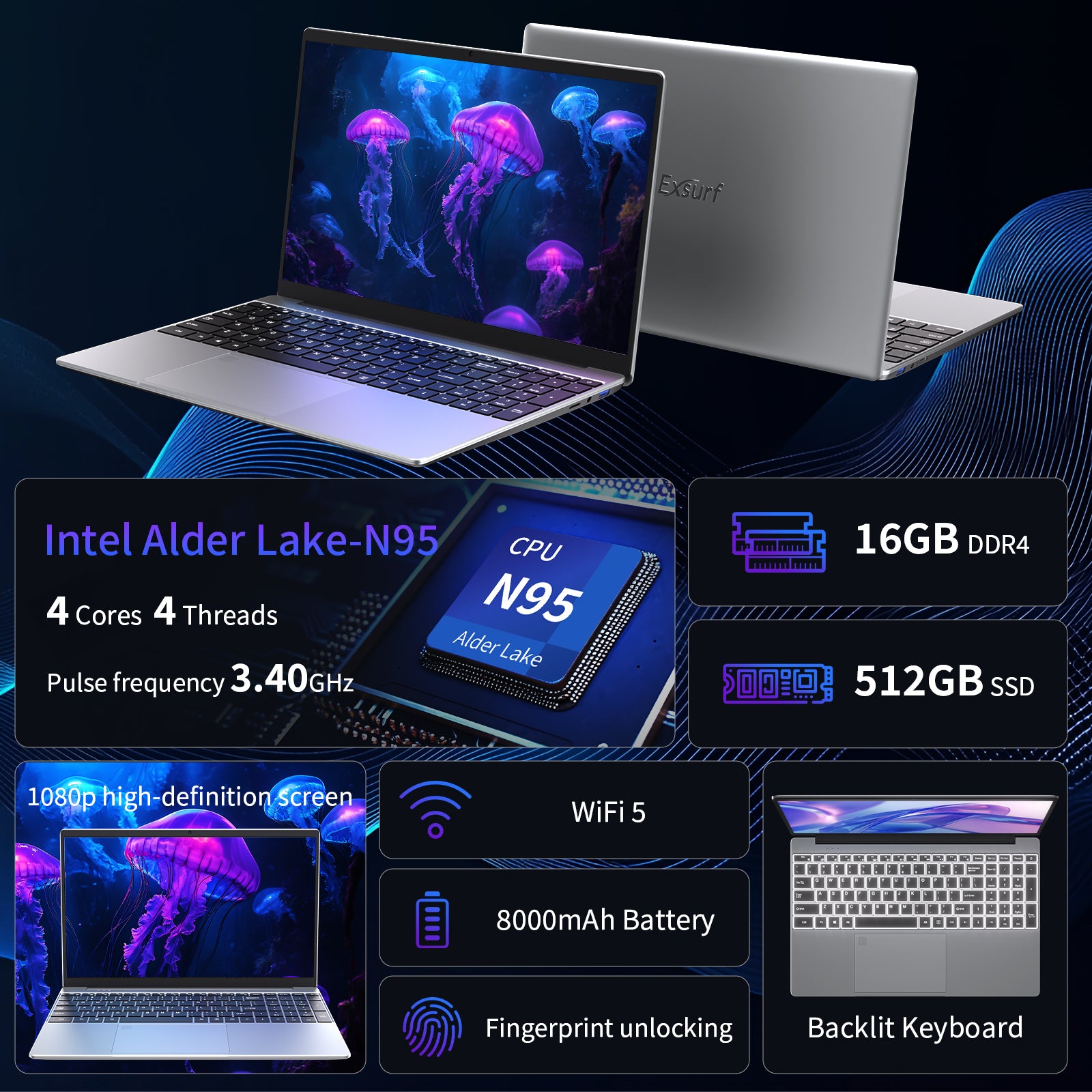 Exsurf T152A 15.6" Laptop – Intel N95, 16GB RAM, 512GB SSD,Windows 11 Pro, Silver