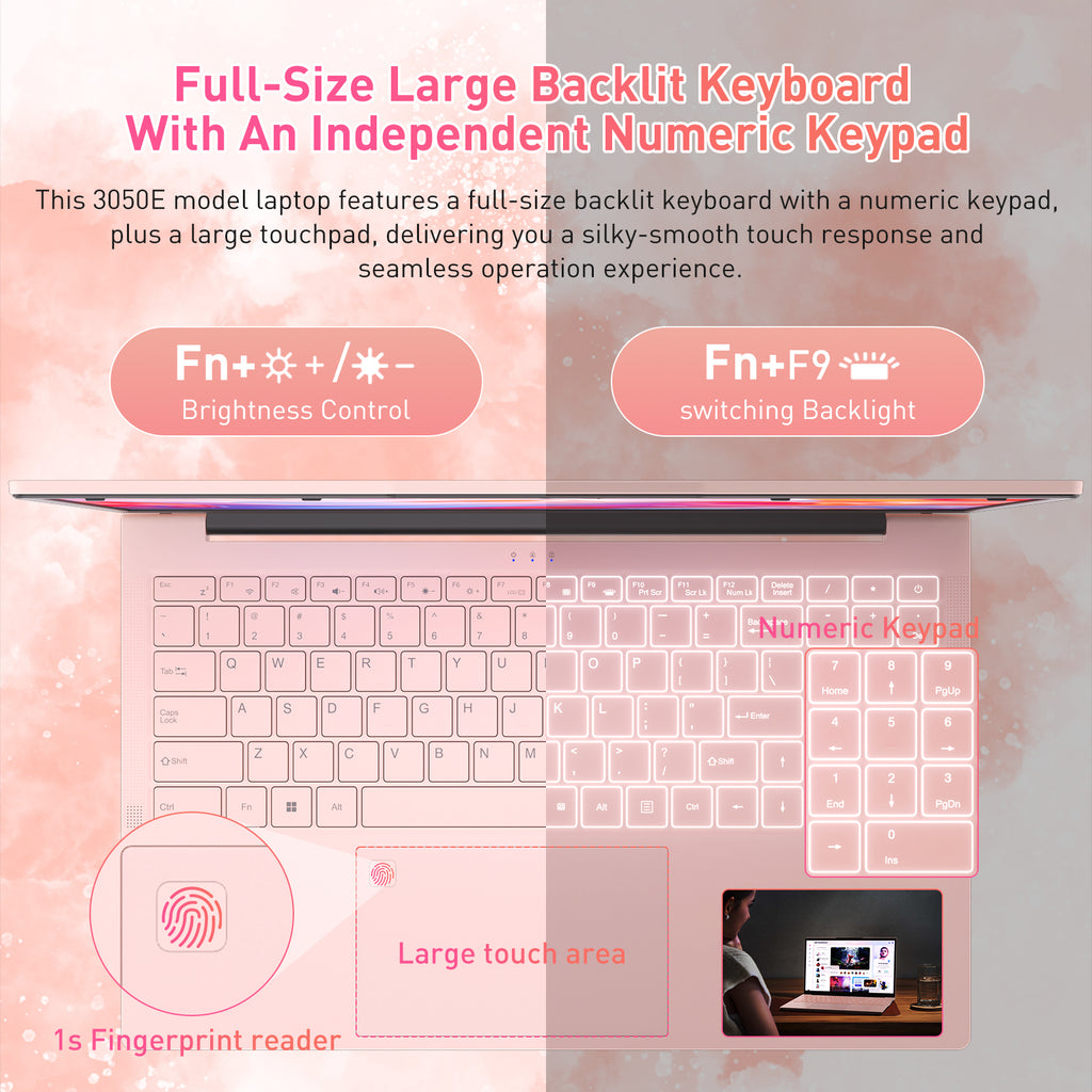 Exsurf 15.6" Laptop Computer, AMD 3050E CPU, 16GB RAM 512GB SSD, Fingerprint, Backlit Keyboard, Windows 11 Pro Home Notebook, Pink