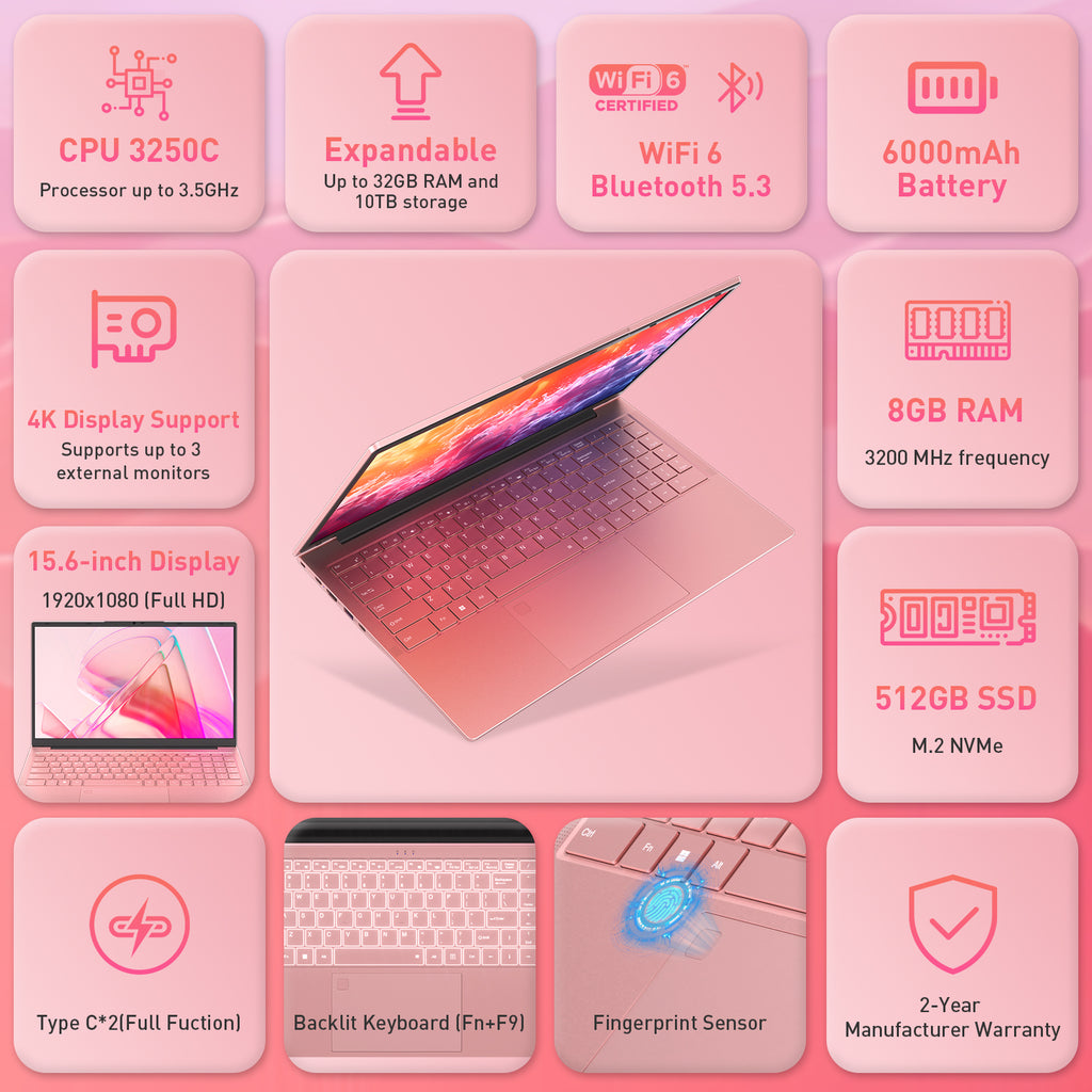 exsurf 15.6" Business Laptop, AMD Ryzen 3 , 8GB RAM, 512GB SSD, Type‑C Port, Pink, Portable Office Computer