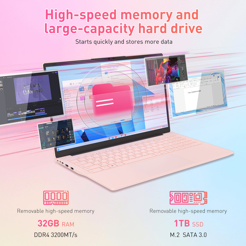 Exsurf 15.6" Windows 11 Pro Laptop, Intel 3050E CPU, 32GB RAM 1TB SSD,Type-C Port, Pink Home Computer