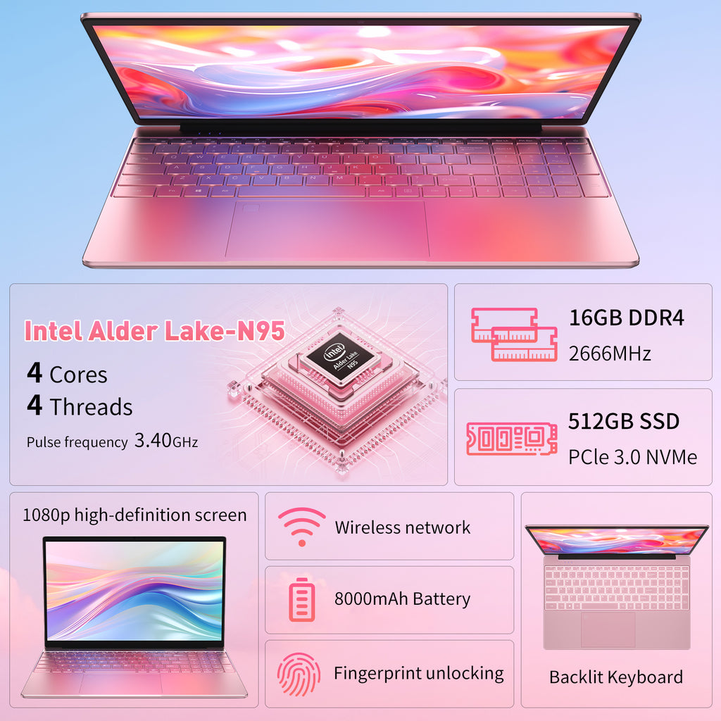 Exsurf T152A 15.6" Laptop – Intel N95, 16GB RAM, 512GB SSD,Windows 11 Pro, Pink