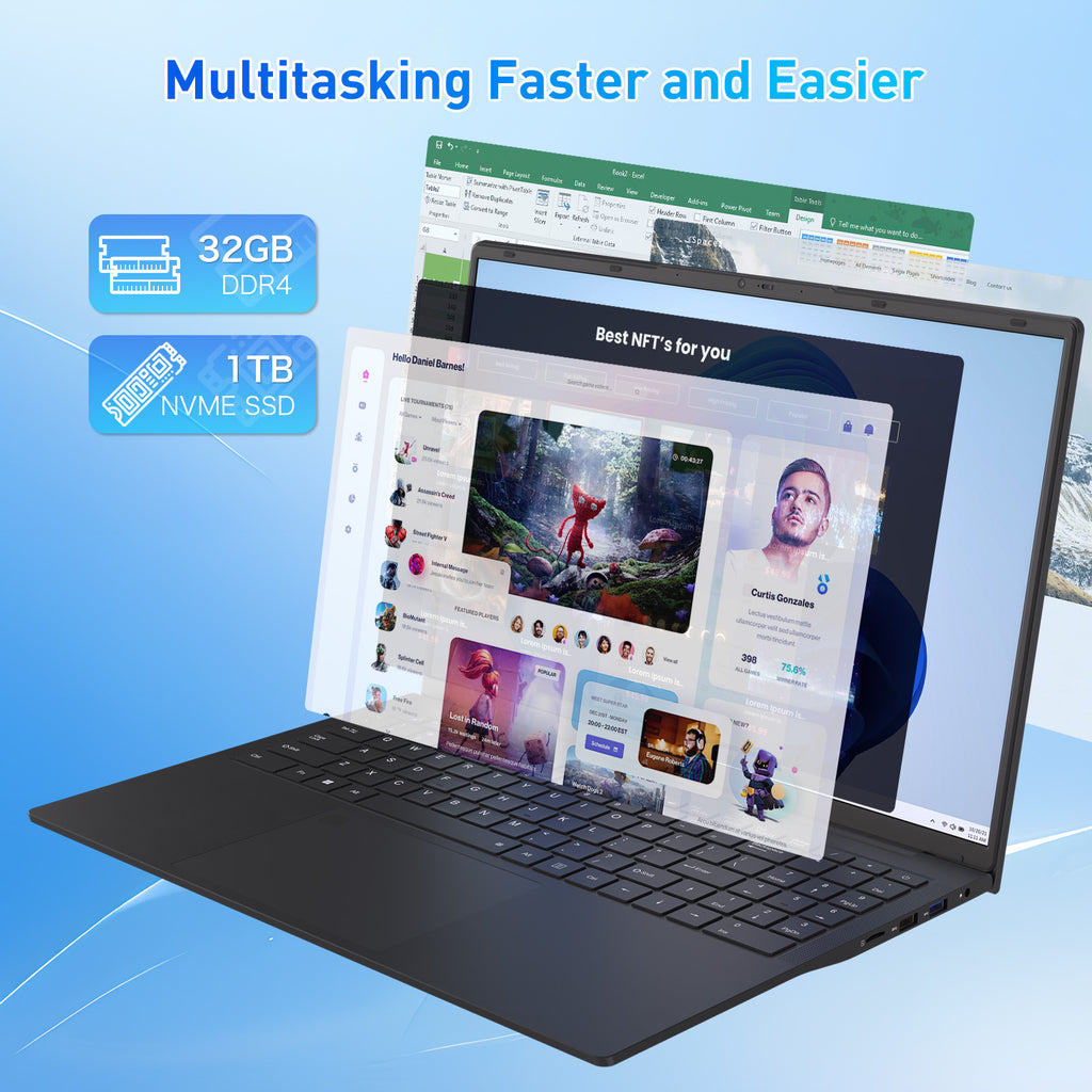 Exsurf 16" Business Laptop, Windows 11 Pro Computer, AMD Ryzen 5 3500U, 32GB RAM 1TB SSD, Backlit Keyboard, Fingerprint Unlock, Black