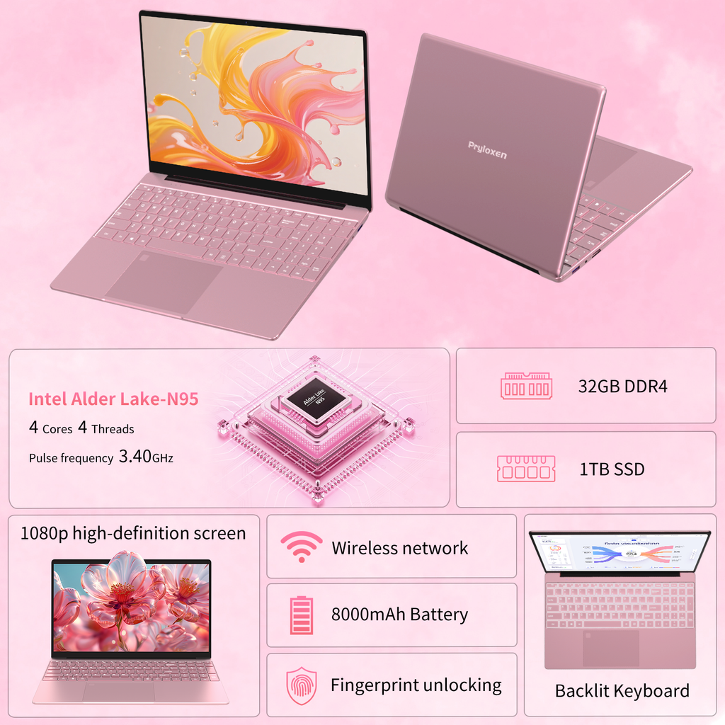 Exsurf T152A 15.6" Laptop – Intel N95, 32GB RAM, 1TB SSD, Pink,Windows 11 Pro