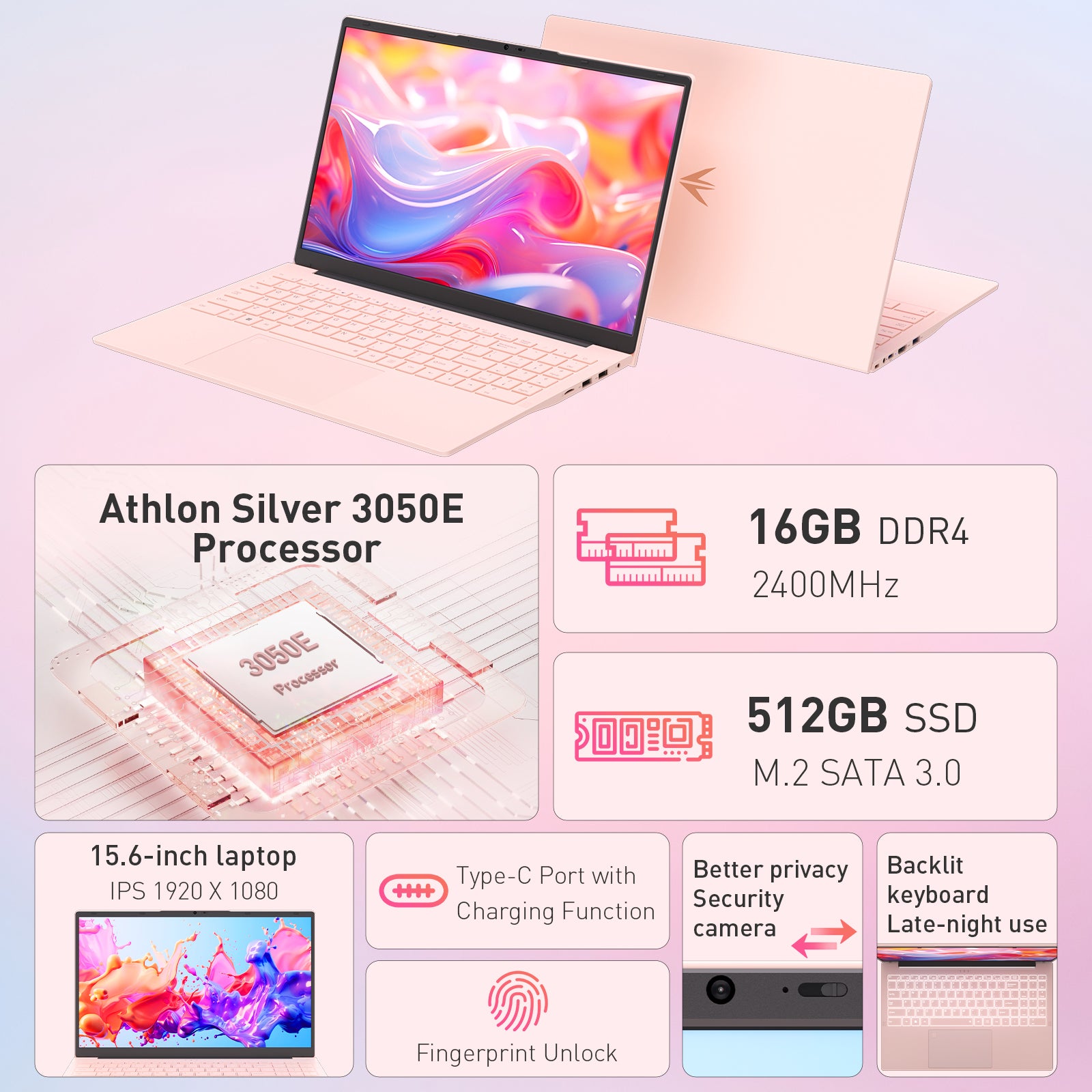 Exsurf 15.6" Laptop Computer, AMD 3050E CPU, 16GB RAM 512GB SSD, Fingerprint, Backlit Keyboard, Windows 11 Pro Home Notebook, Pink