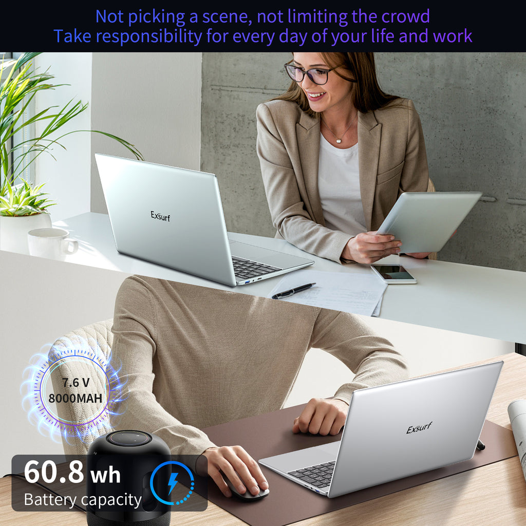 Exsurf T152A 15.6" Laptop – Intel N95, 16GB RAM, 512GB SSD,Windows 11 Pro, Silver